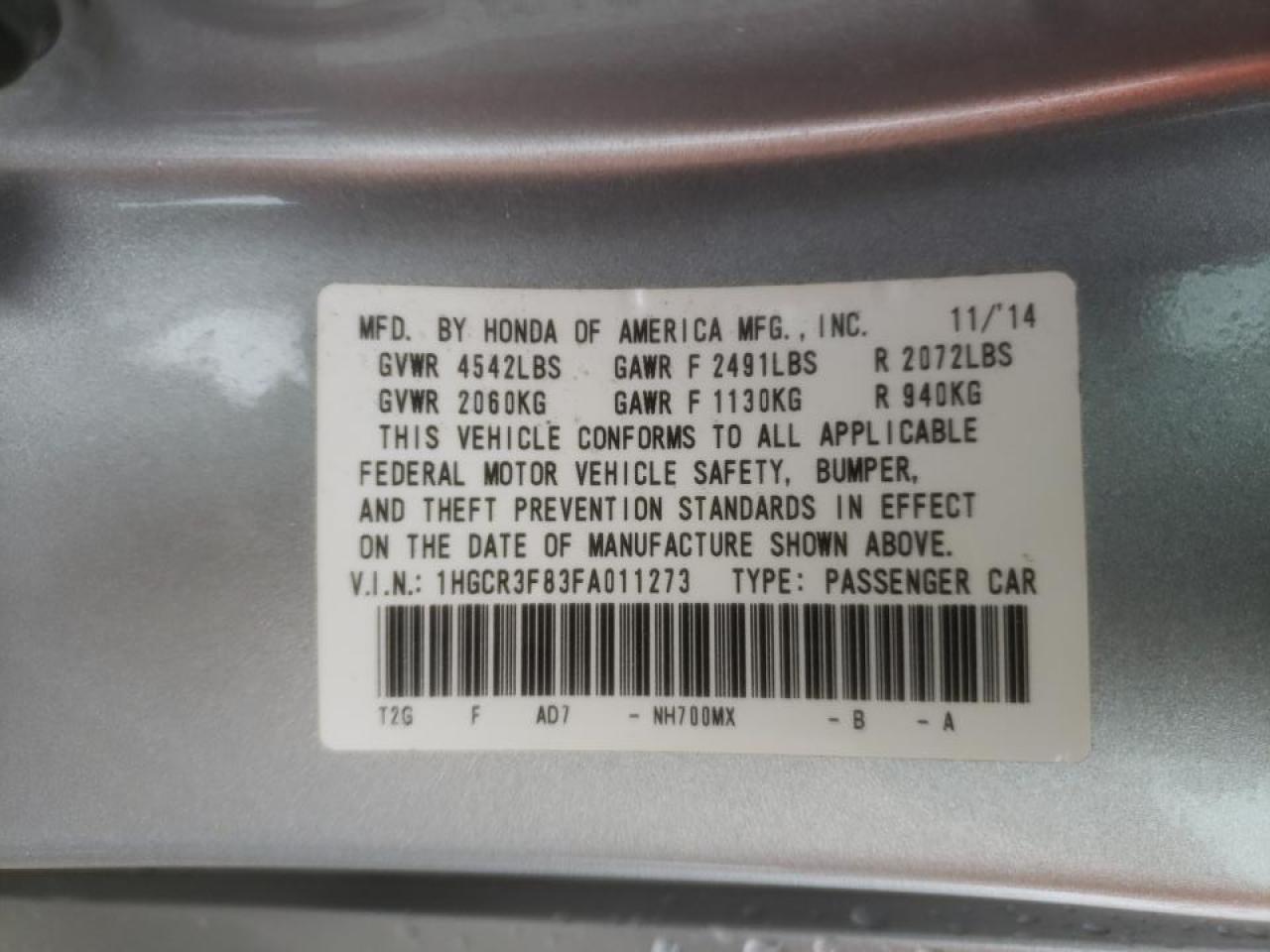 Photo 10 from auction – 2015 HONDA ACCORD EXL with VIN 1HGCR3F83FA011273