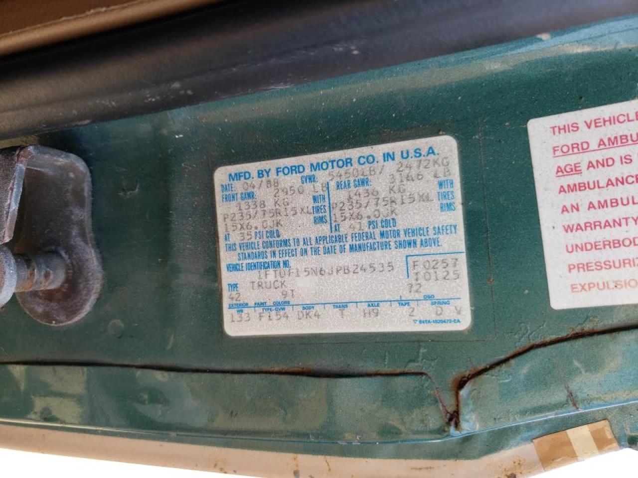 Photo 10 from auction – 1988 FORD F150 with VIN 1FTDF15N6JPB24535