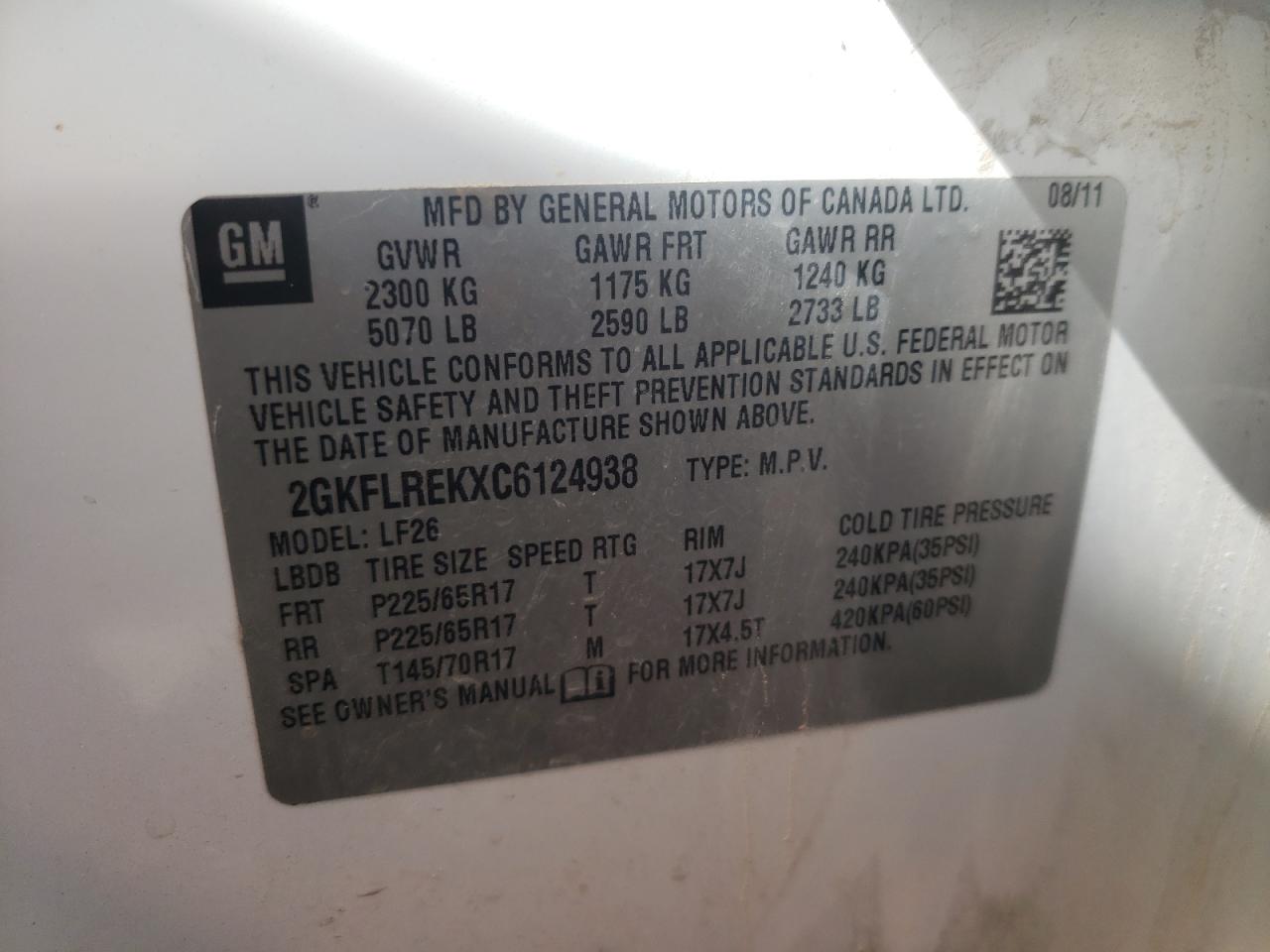 Photo 10 from auction – 2012 GMC TERRAIN SL with VIN 2GKFLREKXC6124938