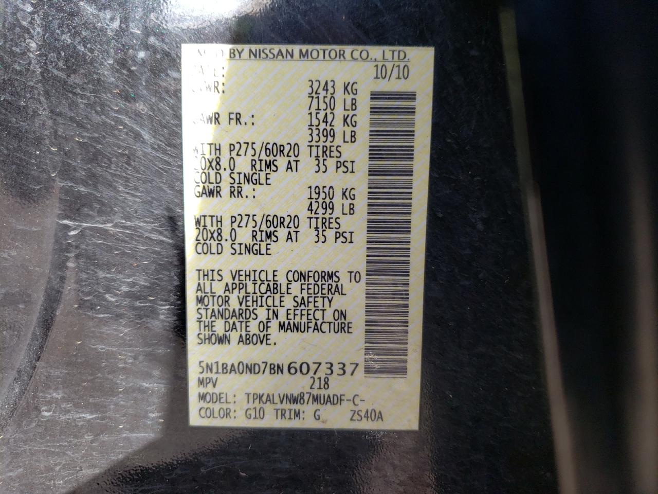 Photo 10 from auction – 2011 NISSAN ARMADA SV with VIN 5N1BA0ND7BN607337