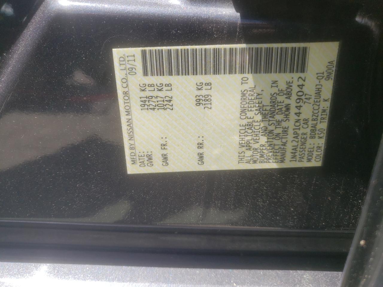 Photo 10 from auction – 2012 NISSAN ALTIMA BAS with VIN 1N4AL2AP1CN449042