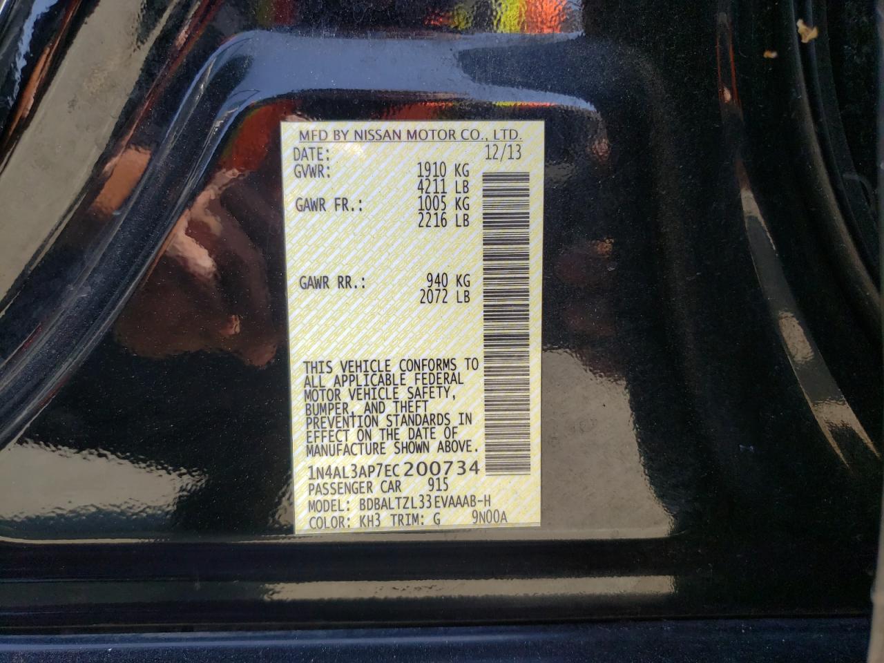 Photo 10 from auction – 2014 NISSAN ALTIMA with VIN 1N4AL3AP7EC200734