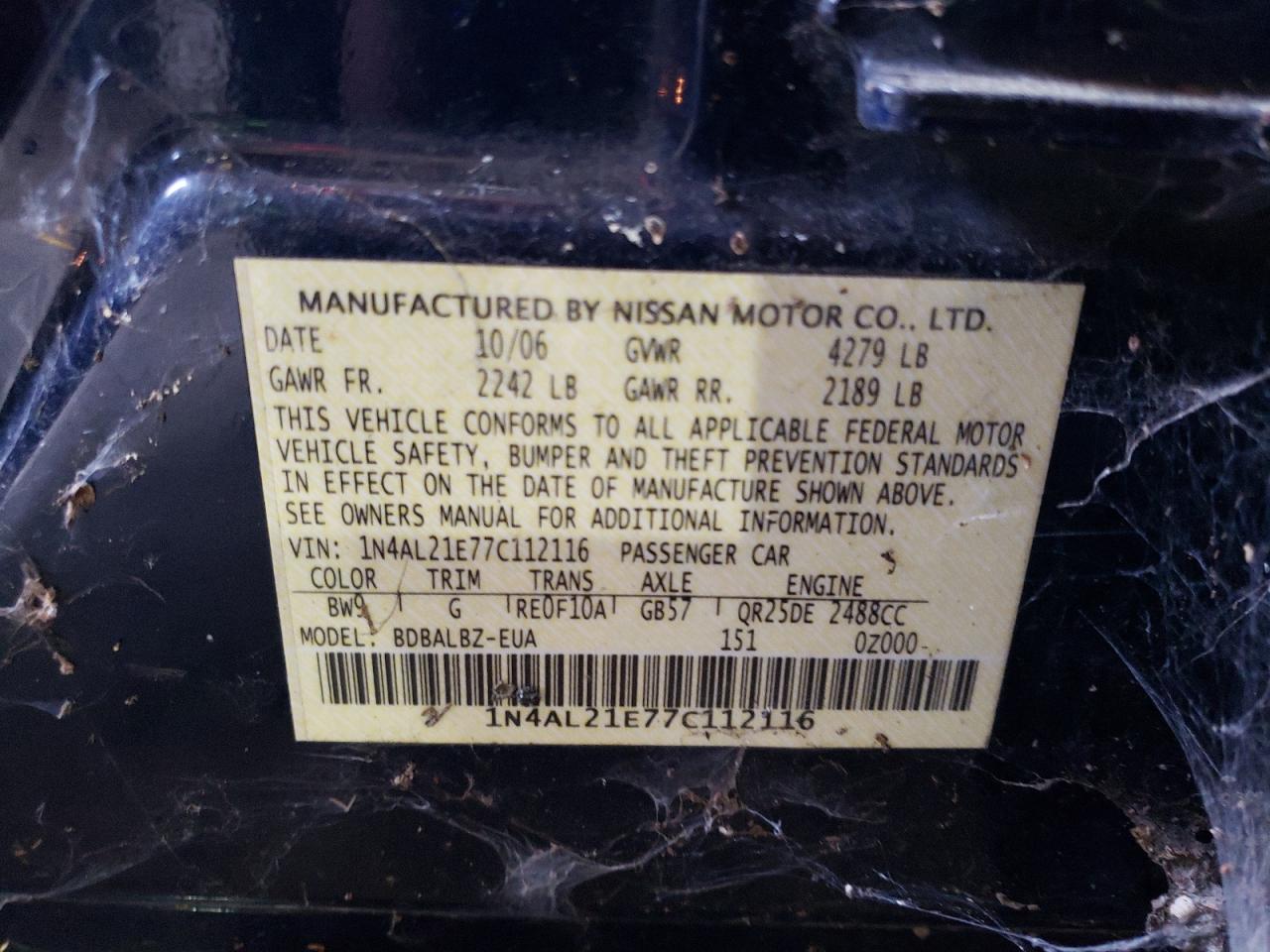 Photo 10 from auction – 2007 NISSAN ALTIMA 2.5 with VIN 1N4AL21E77C112116