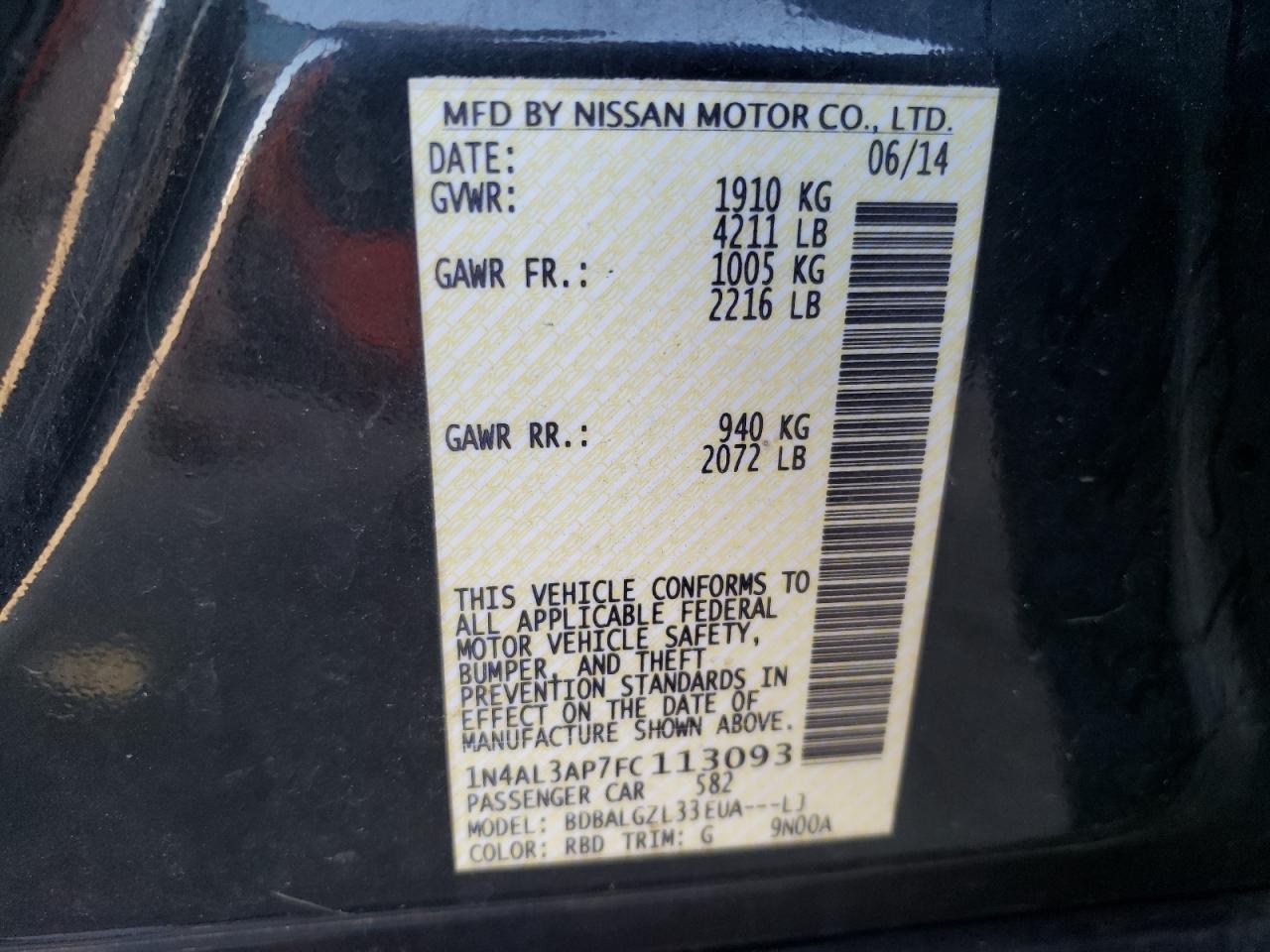Photo 10 from auction – 2015 NISSAN ALTIMA 2.5 with VIN 1N4AL3AP7FC113093