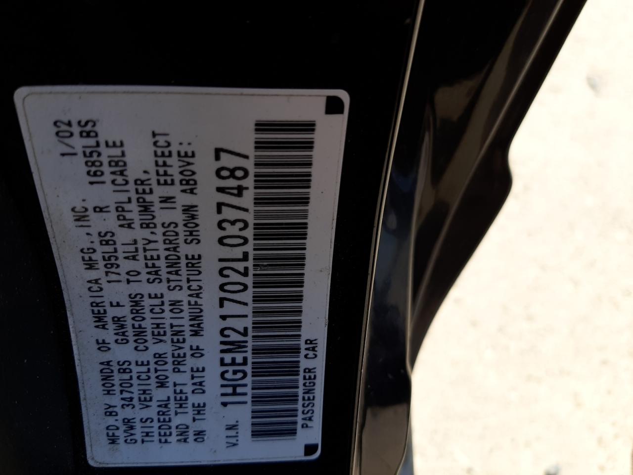 Photo 10 from auction – 2002 HONDA CIVIC HX with VIN 1HGEM21702L037487