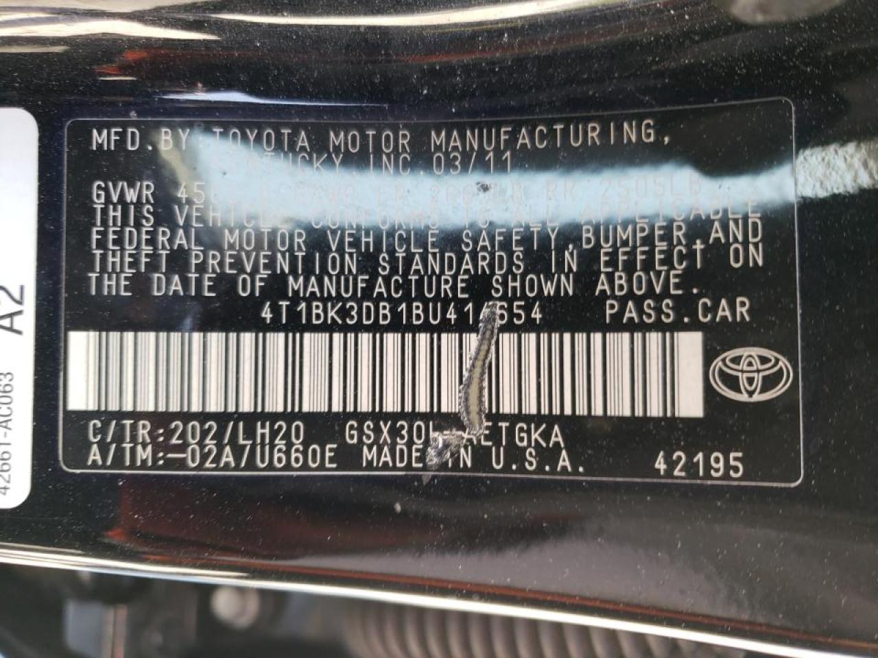 Photo 10 from auction – 2011 TOYOTA AVALON BAS with VIN 4T1BK3DB1BU414654