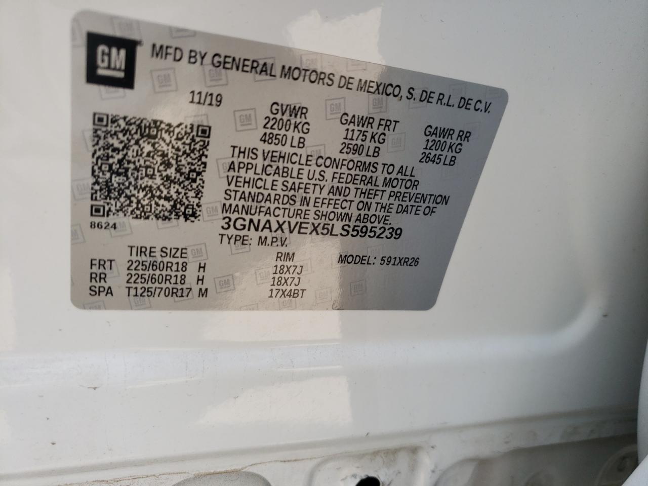 Photo 10 from auction – 2020 CHEVROLET EQUINOX LT with VIN 3GNAXVEX5LS595239