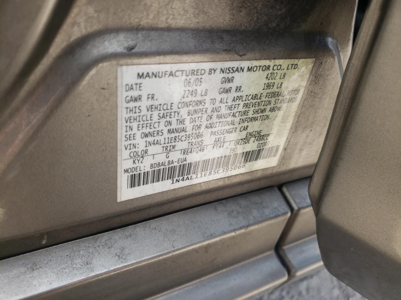 Photo 10 from auction – 2005 NISSAN ALTIMA S with VIN 1N4AL11E85C395066