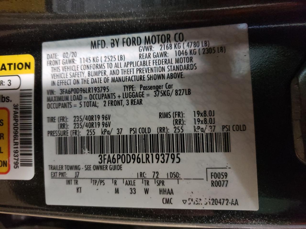 Photo 10 from auction – 2020 FORD FUSION TIT with VIN 3FA6P0D96LR193795