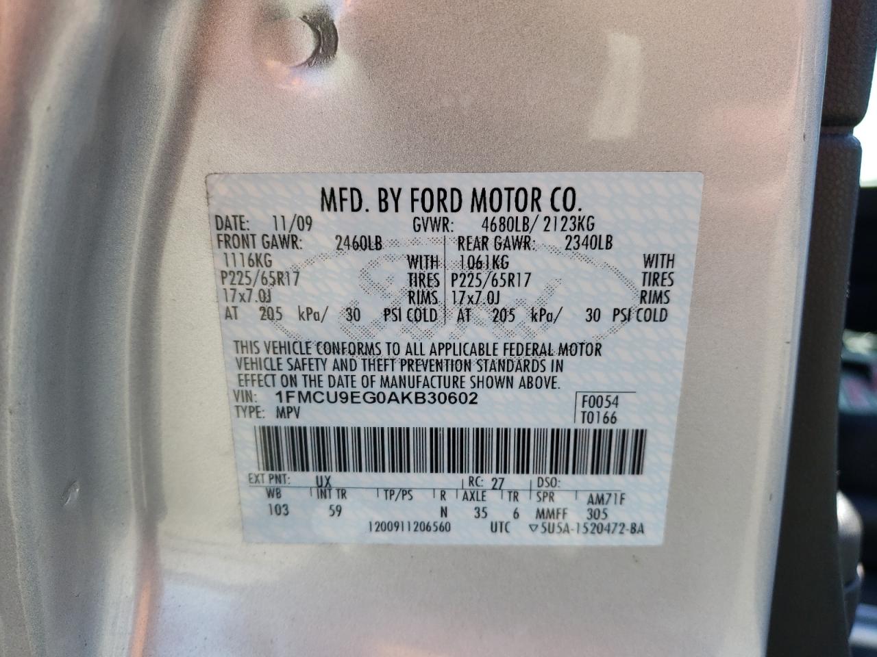Photo 10 from auction – 2010 FORD ESCAPE LIM with VIN 1FMCU9EG0AKB30602