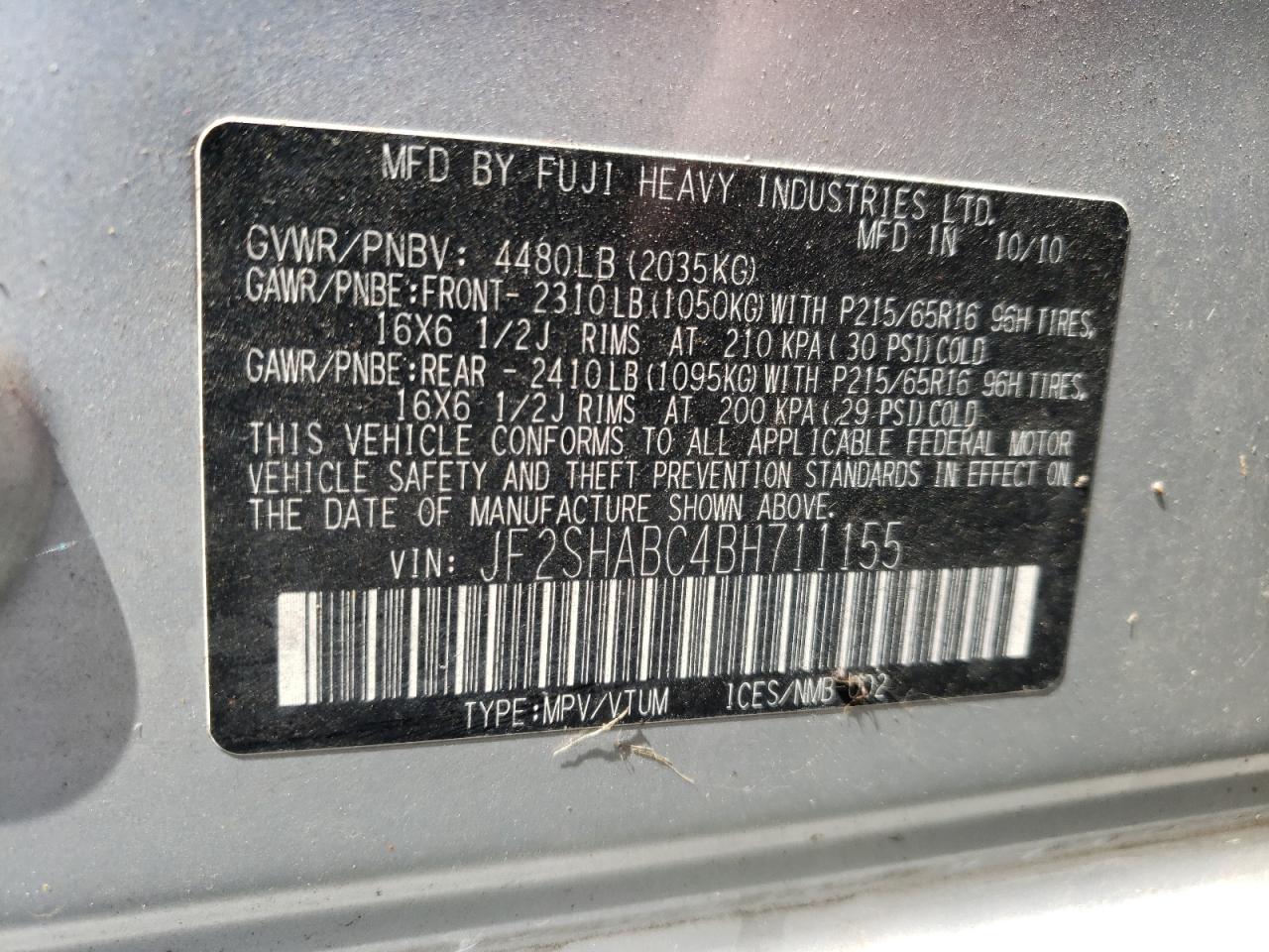 Photo 10 from auction – 2011 SUBARU FORESTER 2 with VIN JF2SHABC4BH711155