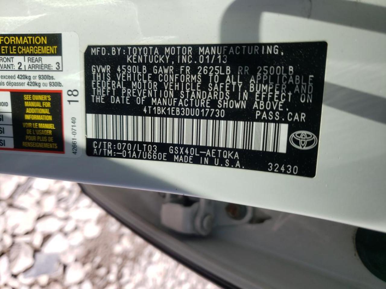 Photo 10 from auction – 2013 TOYOTA AVALON BAS with VIN 4T1BK1EB3DU017730