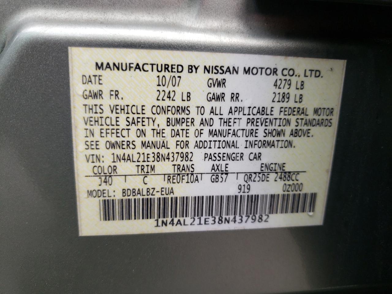 Photo 10 from auction – 2008 NISSAN ALTIMA 2.5 with VIN 1N4AL21E38N437982