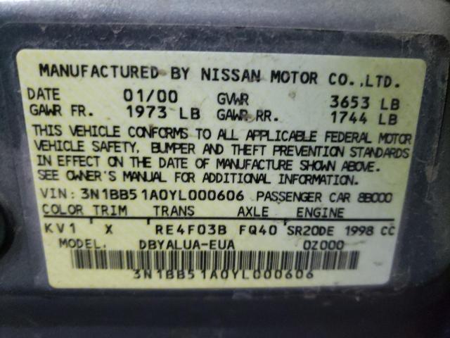 NISSAN SENTRA SE 2000 with VIN 3N1BB51A0YL000606 - Photo from auction