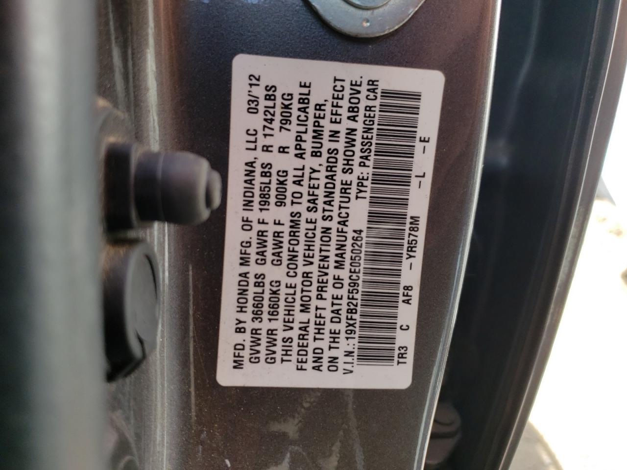 Photo 10 from auction – 2012 HONDA CIVIC LX with VIN 19XFB2F59CE050264