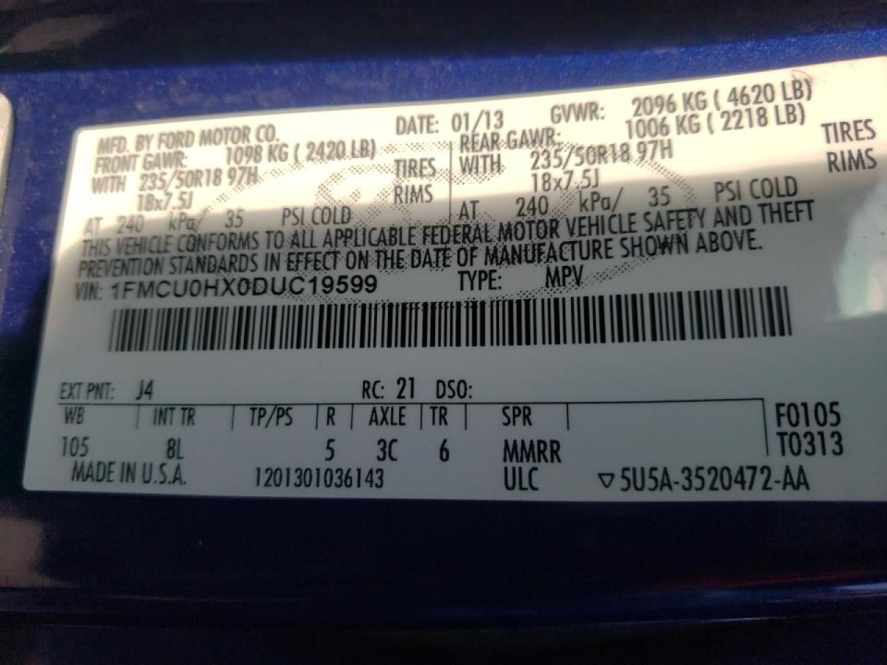 Photo 10 from auction – 2013 FORD ESCAPE SEL with VIN 1FMCU0HX0DUC19599