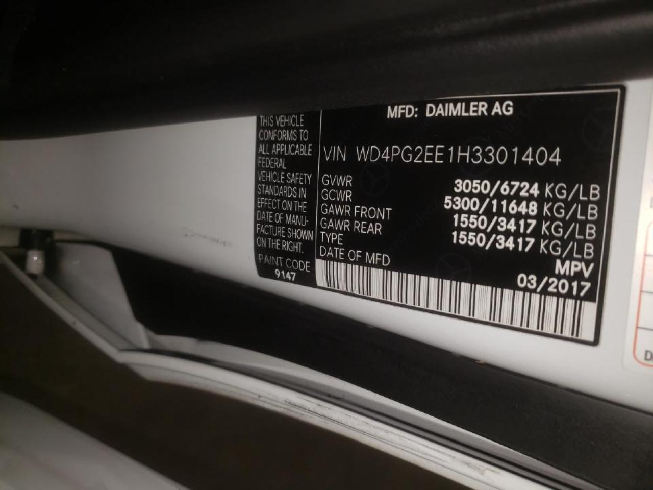 Photo 10 from auction – 2017 MERCEDES-BENZ METRIS with VIN WD4PG2EE1H3301404