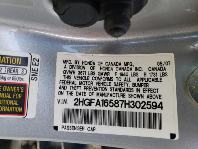 Photo 10 from auction – 2007 HONDA CIVIC LX with VIN 2HGFA16587H302594