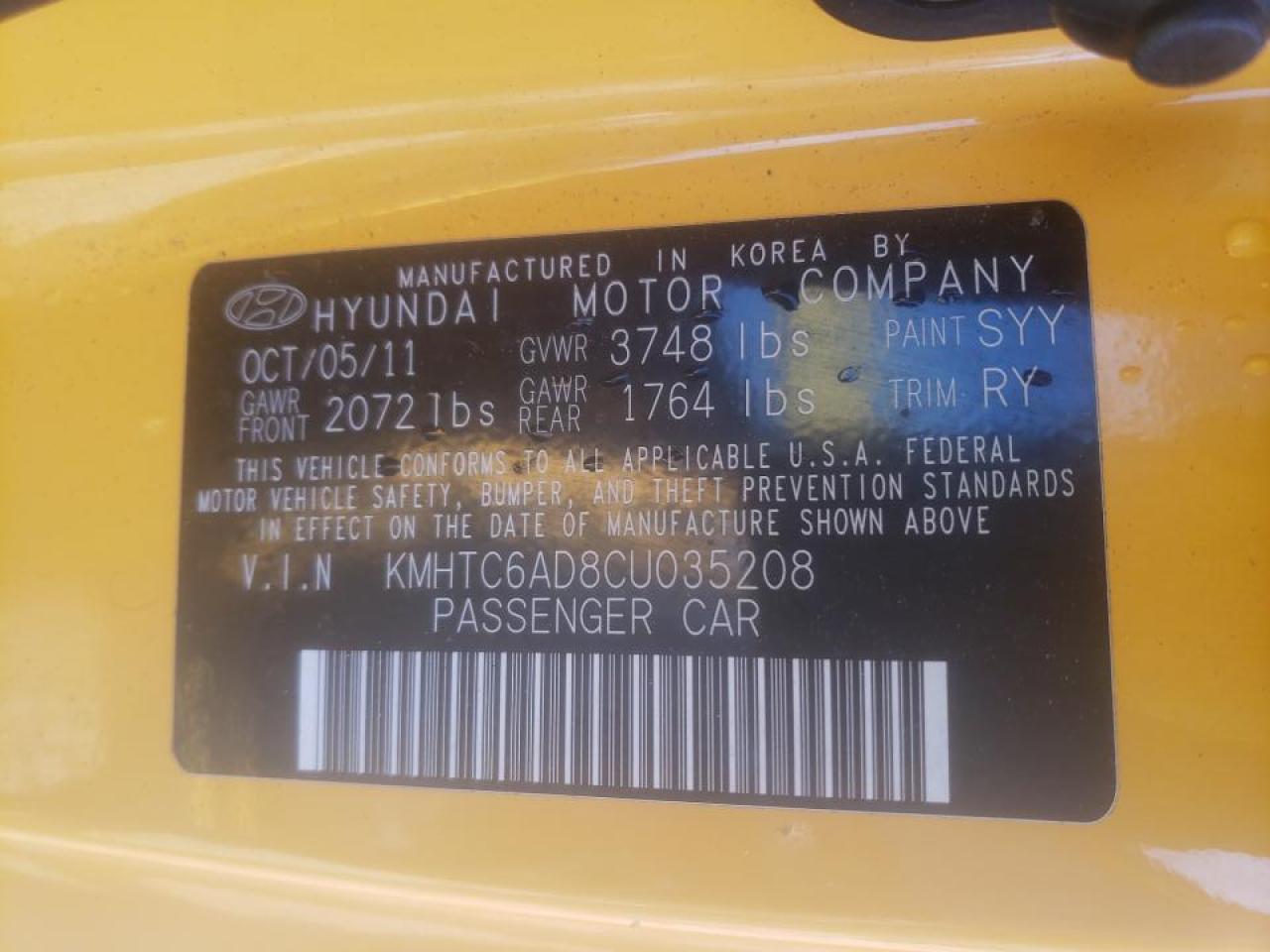Foto 10 de la subasta – 2012 HYUNDAI VELOSTER con VIN KMHTC6AD8CU035208