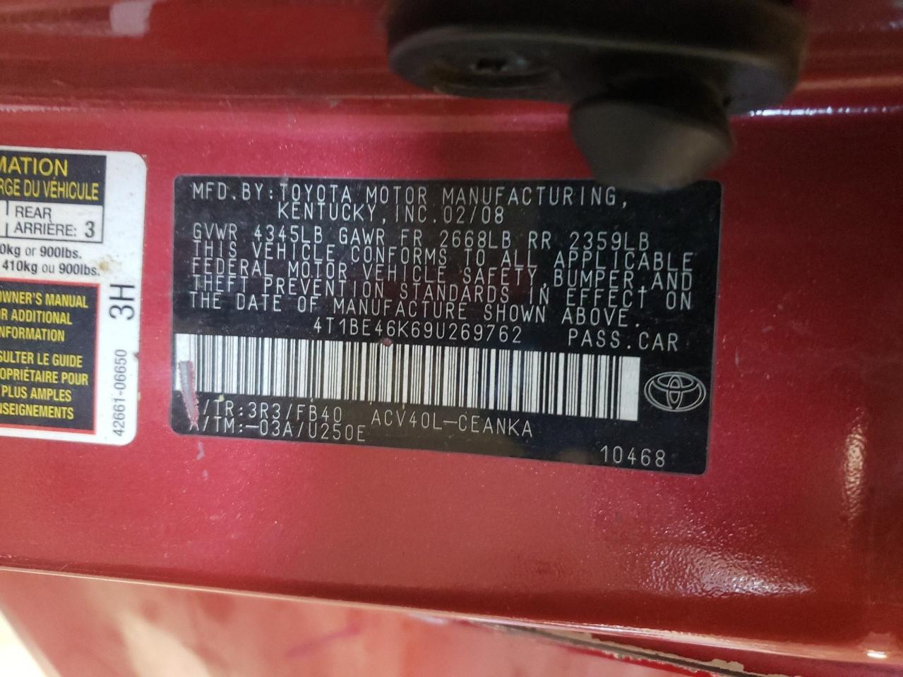 Photo 10 from auction – 2009 TOYOTA CAMRY with VIN 4T1BE46K69U269762