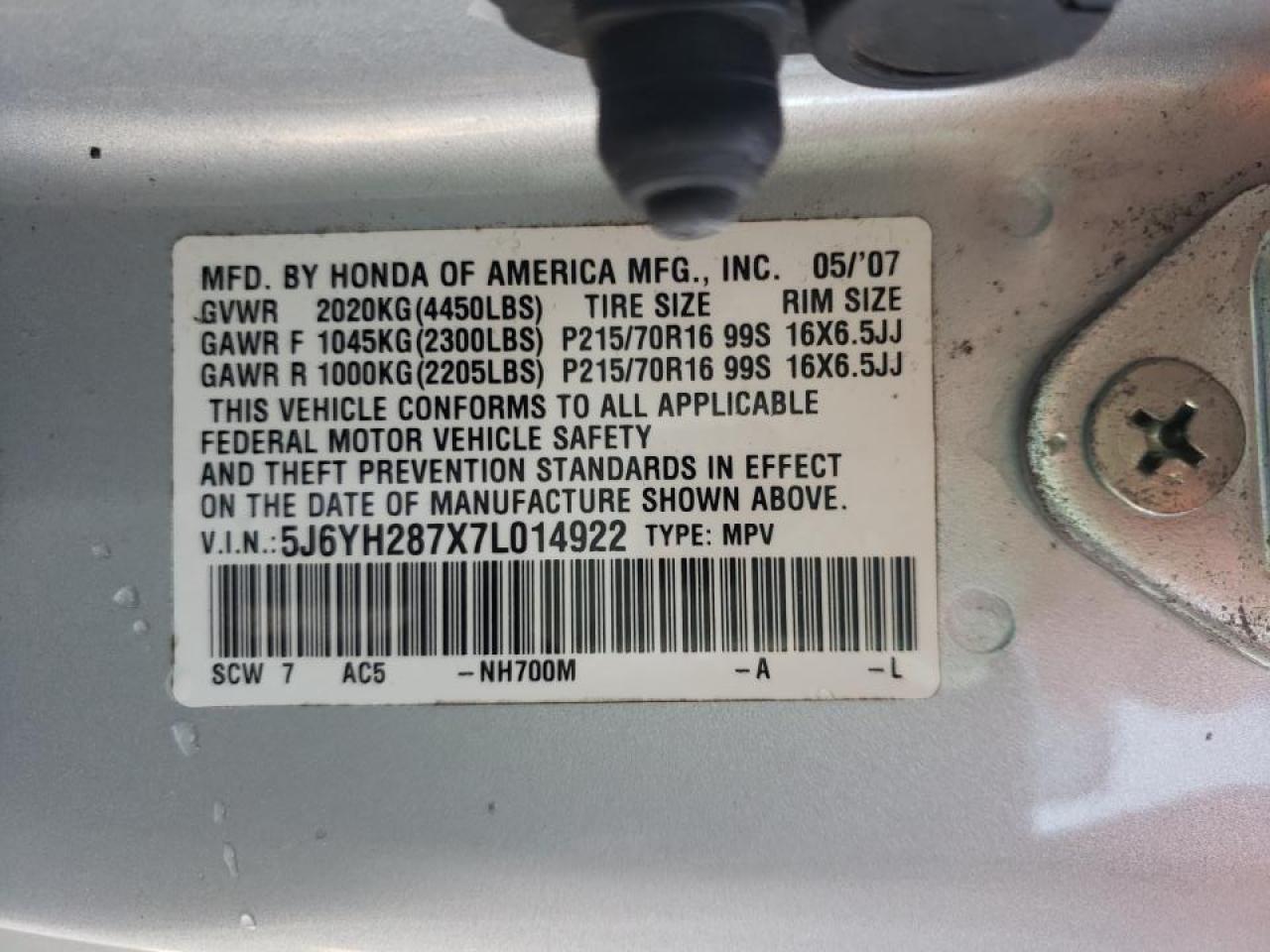 Photo 10 from auction – 2007 HONDA ELEMENT EX with VIN 5J6YH287X7L014922