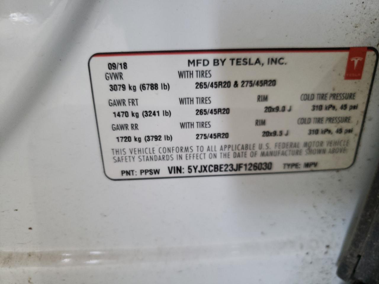 Photo 10 from auction – 2018 TESLA MODEL X with VIN 5YJXCBE23JF126030