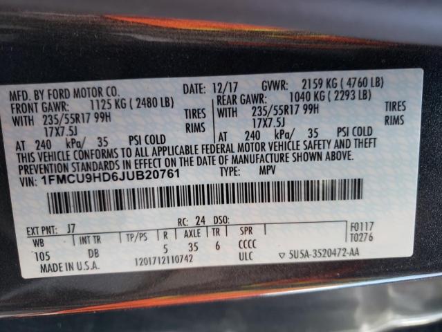Photo 10 from auction – 2018 FORD ESCAPE SEL with VIN 1FMCU9HD6JUB20761