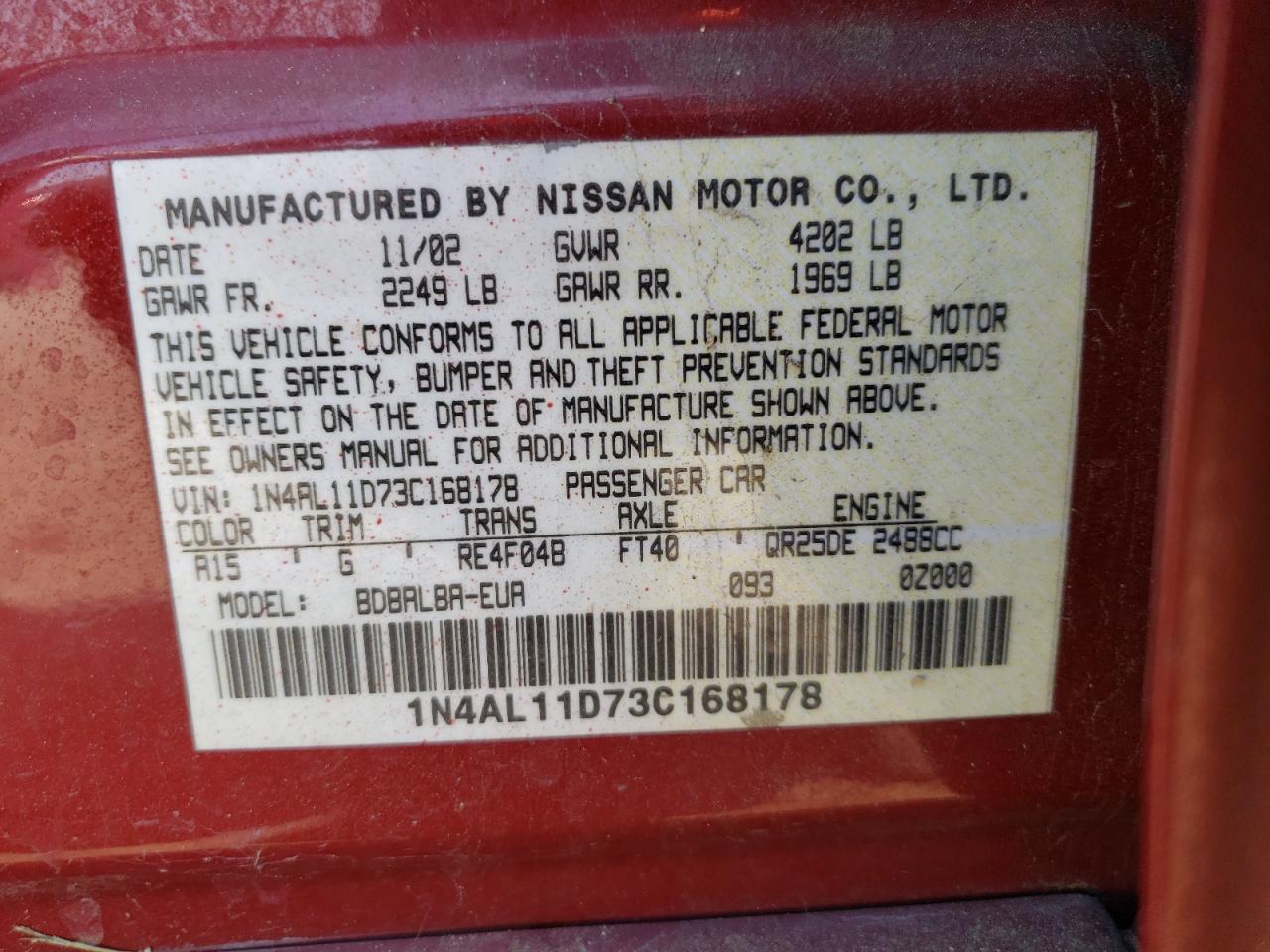 Photo 10 from auction – 2003 NISSAN ALTIMA BAS with VIN 1N4AL11D73C168178