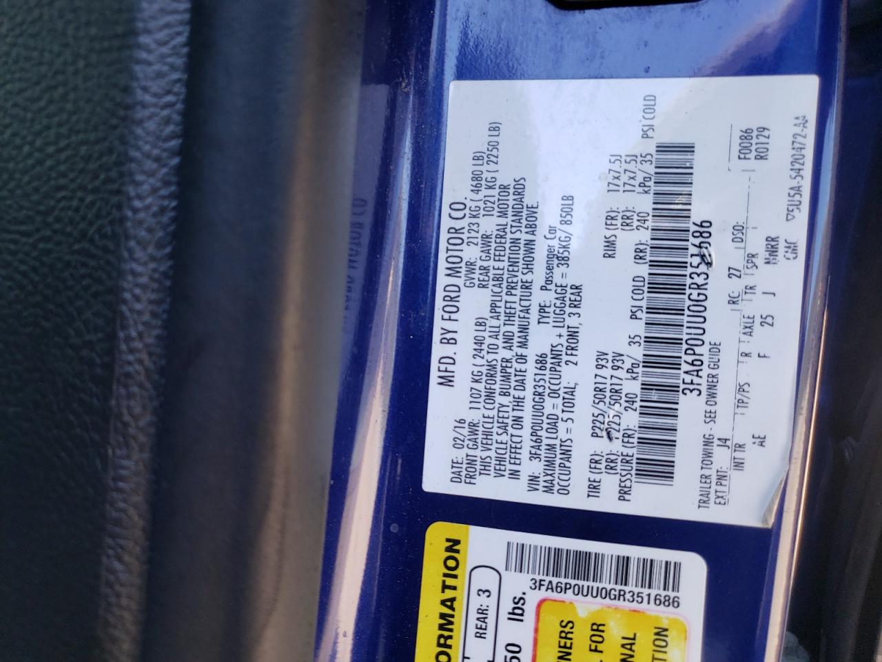 Photo 11 from auction – 2016 FORD FUSION S H with VIN 3FA6P0UU0GR351686