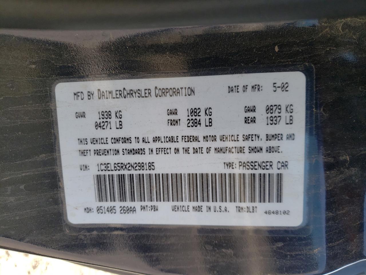 Photo 10 from auction – 2002 CHRYSLER SEBRING LI with VIN 1C3EL65RX2N298185