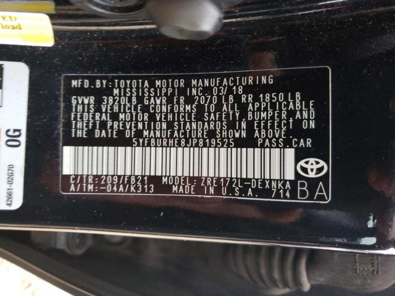 Photo 10 from auction – 2018 TOYOTA COROLLA L with VIN 5YFBURHE8JP819525