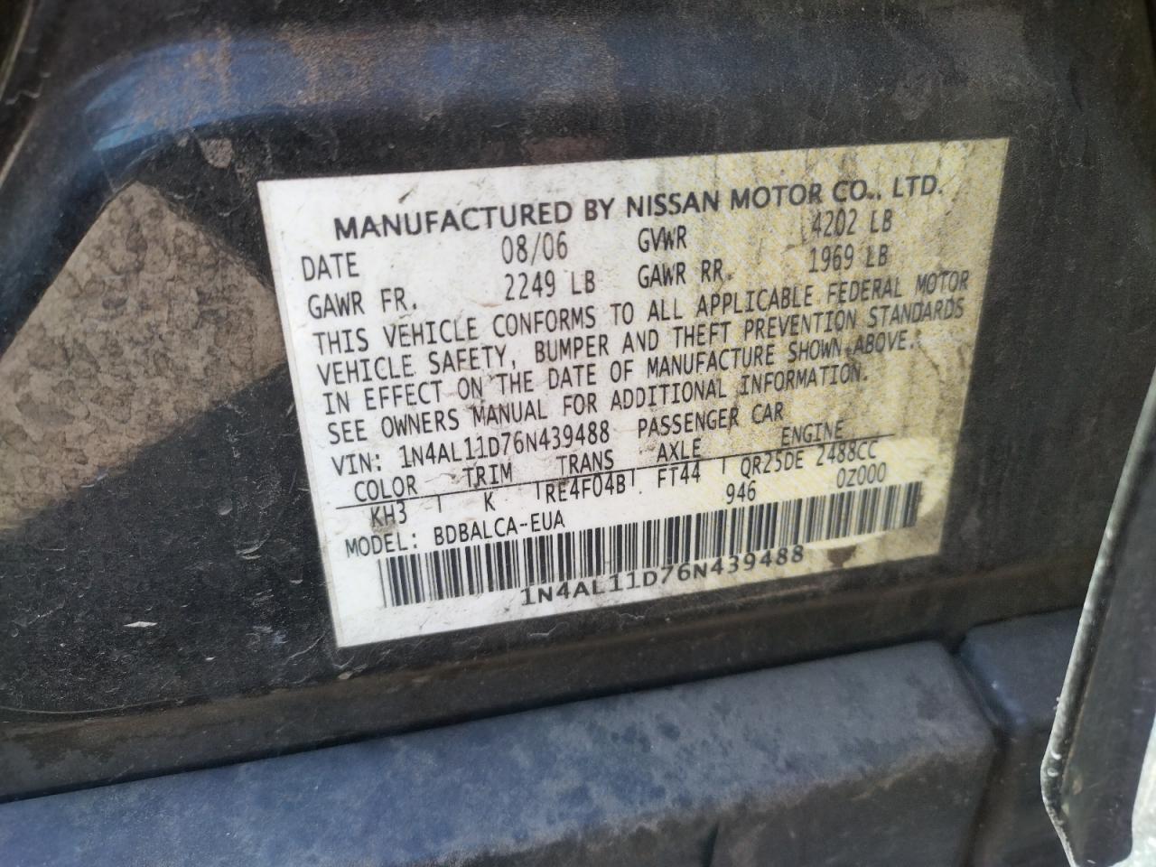Photo 10 from auction – 2006 NISSAN ALTIMA S with VIN 1N4AL11D76N439488