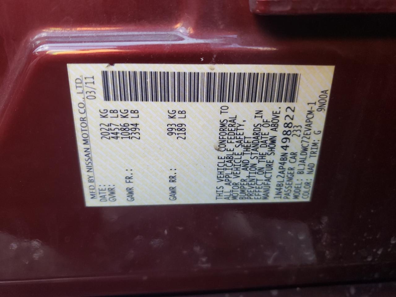 Photo 10 from auction – 2011 NISSAN ALTIMA SR with VIN 1N4BL2AP4BN498822