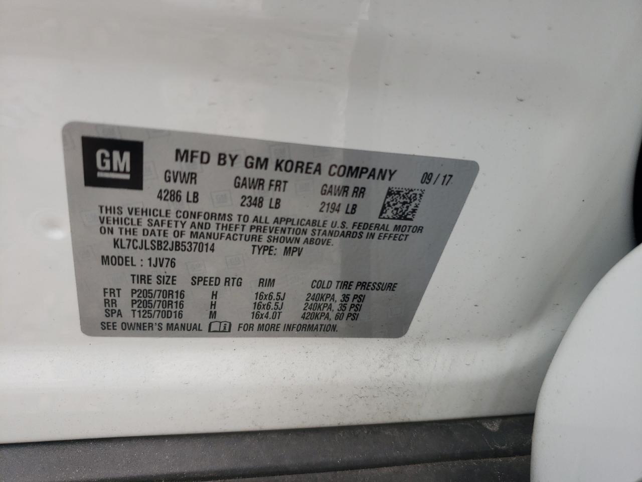 Photo 10 from auction – 2018 CHEVROLET TRAX 1LT with VIN KL7CJLSB2JB537014
