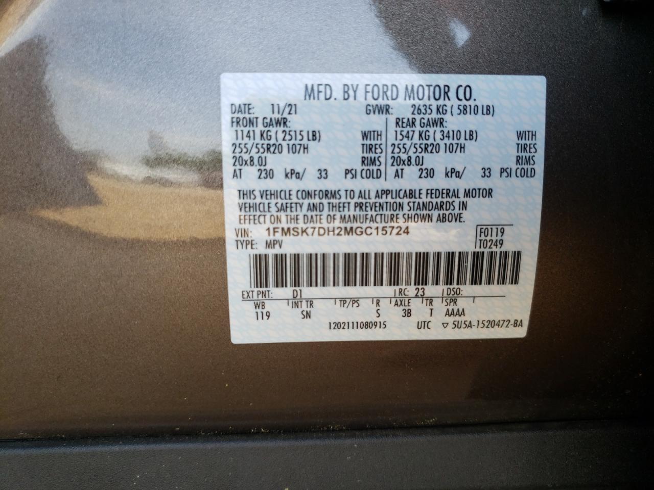 Photo 10 from auction – 2021 FORD EXPLORER X with VIN 1FMSK7DH2MGC15724