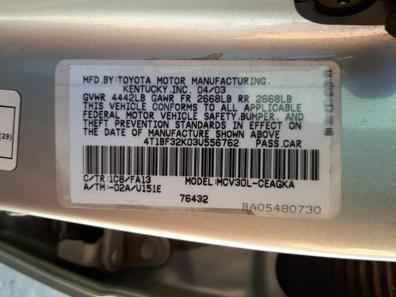 Photo 10 from auction – 2003 TOYOTA CAMRY with VIN 4T1BF32K03U556762