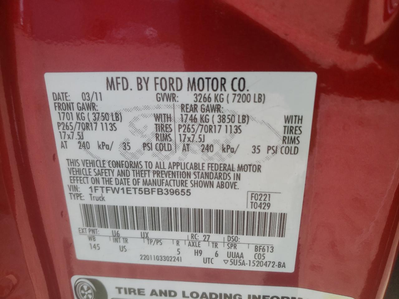 Photo 10 from auction – 2011 FORD F150 SUPER with VIN 1FTFW1ET5BFB39655