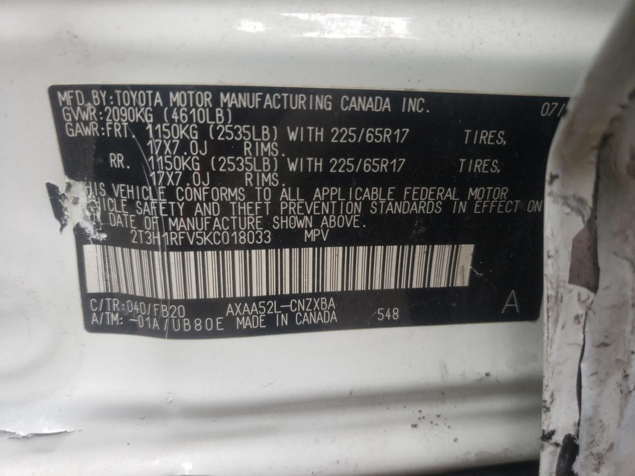 Photo 10 from auction – 2019 TOYOTA RAV4 LE with VIN 2T3H1RFV5KC018033