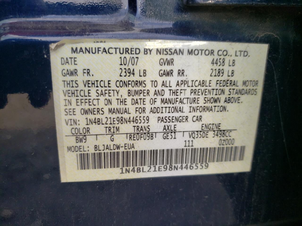 Photo 10 from auction – 2008 NISSAN ALTIMA 3.5 with VIN 1N4BL21E98N446559