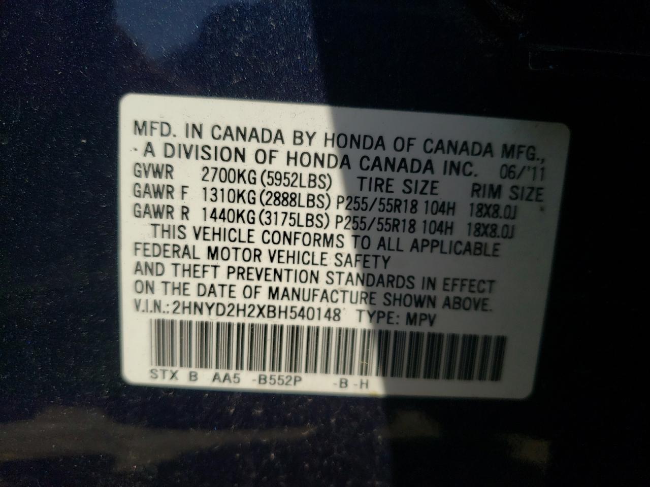 Photo 10 from auction – 2011 ACURA MDX with VIN 2HNYD2H2XBH540148