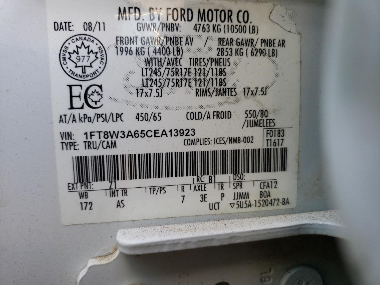 Photo 10 from auction – 2012 FORD F350 SUPER with VIN 1FT8W3A65CEA13923