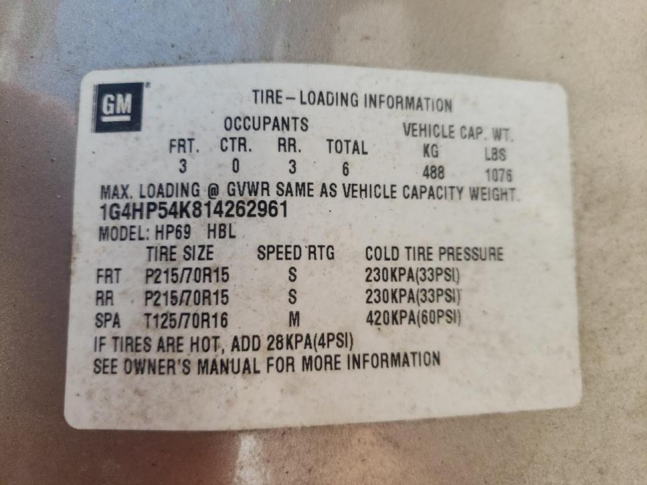 Photo 10 from auction – 2001 BUICK LESABRE with VIN 1G4HP54K814262961