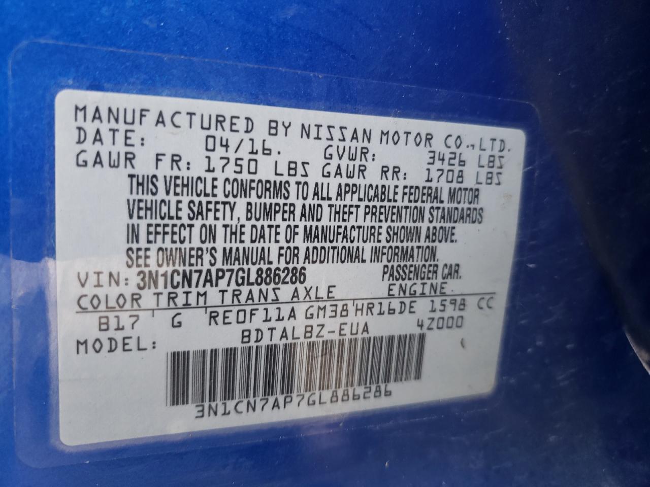 Photo 10 from auction – 2016 NISSAN VERSA S with VIN 3N1CN7AP7GL886286