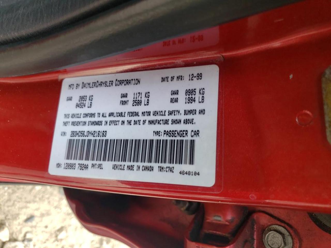 Photo 10 from auction – 2000 DODGE INTREPID E with VIN 2B3HD56J3YH216163