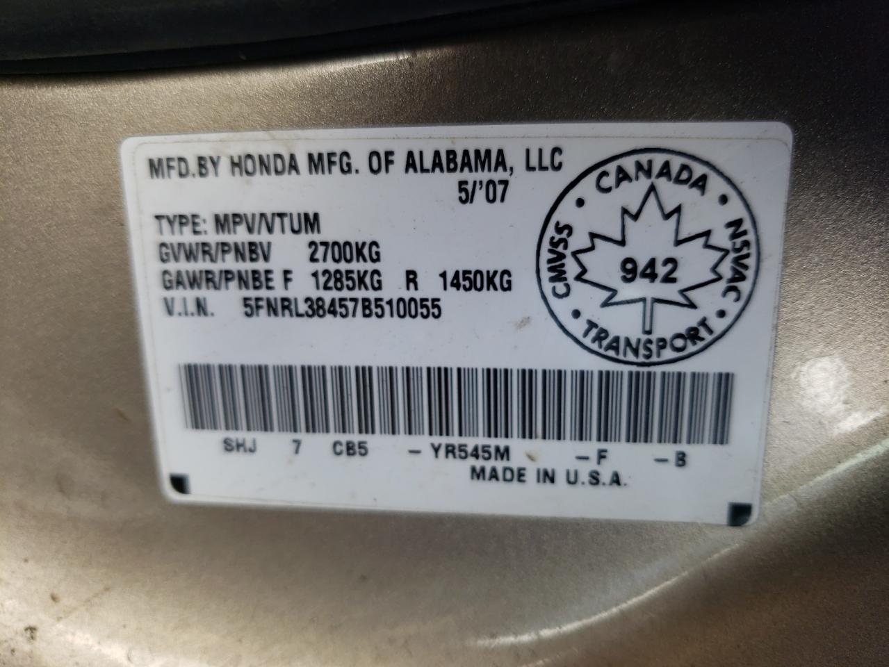 Photo 10 from auction – 2007 HONDA ODYSSEY EX with VIN 5FNRL38457B510055