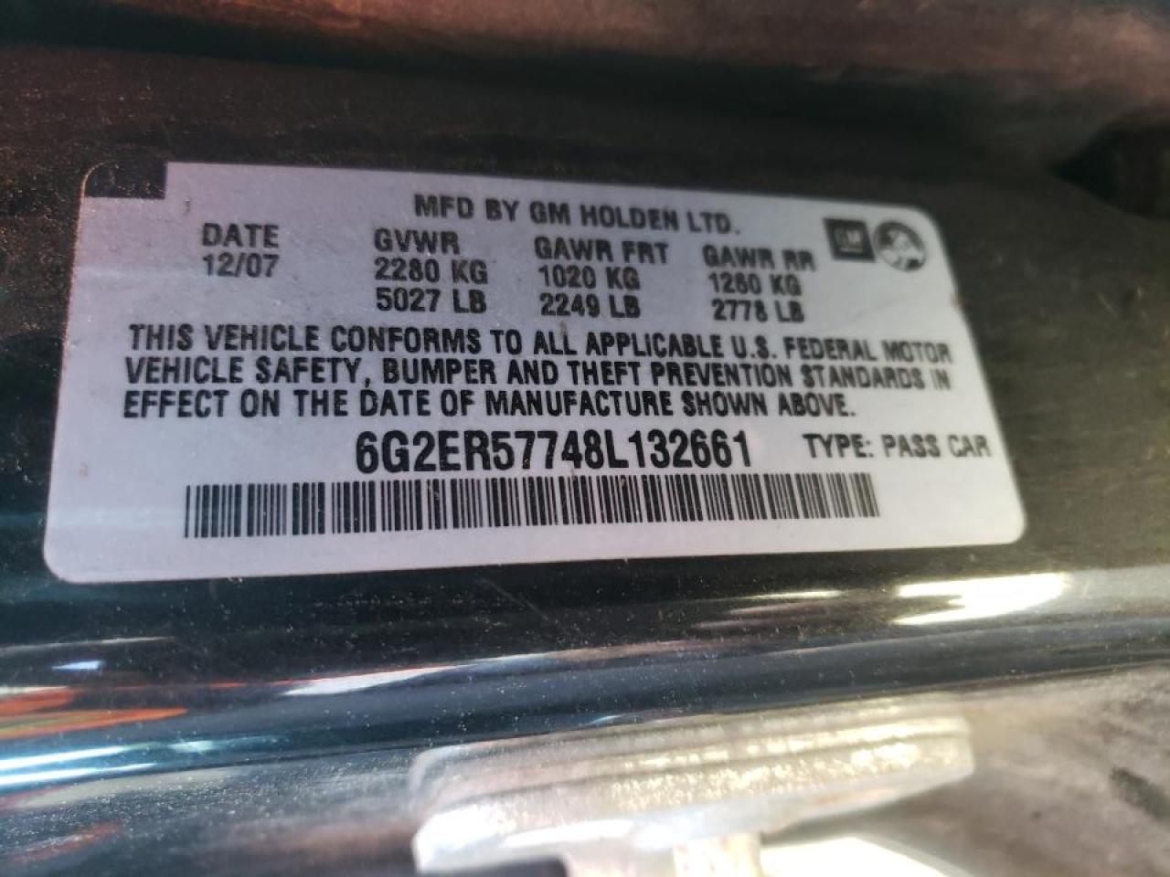 Photo 10 from auction – 2008 PONTIAC G8 with VIN 6G2ER57748L132661