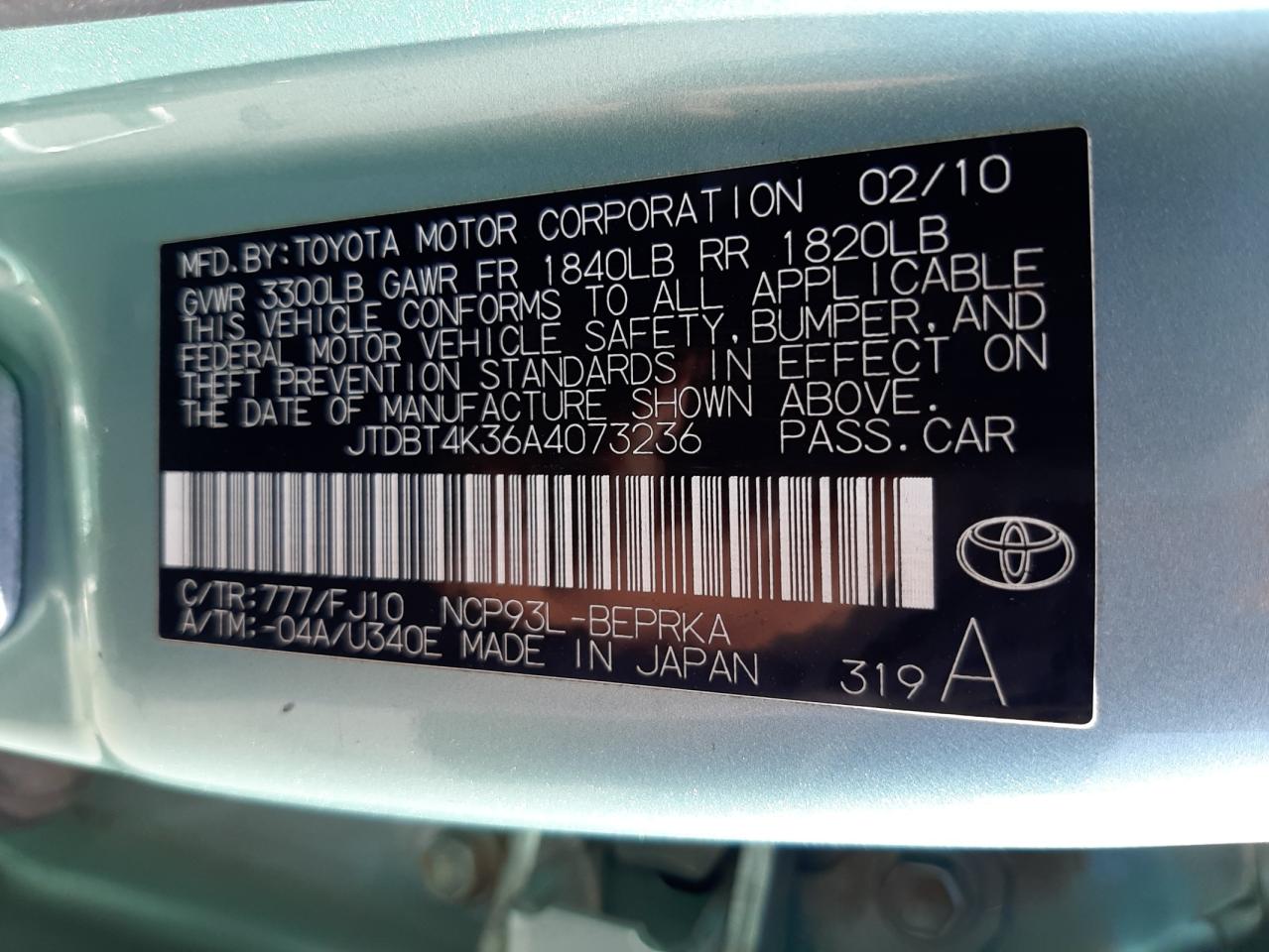Photo 10 from auction – 2010 TOYOTA YARIS with VIN JTDBT4K36A4073236
