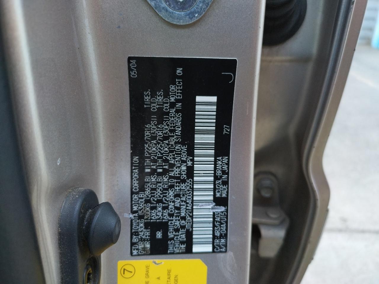 Photo 10 from auction – 2004 TOYOTA HIGHLANDER with VIN JTEDP21A640037555