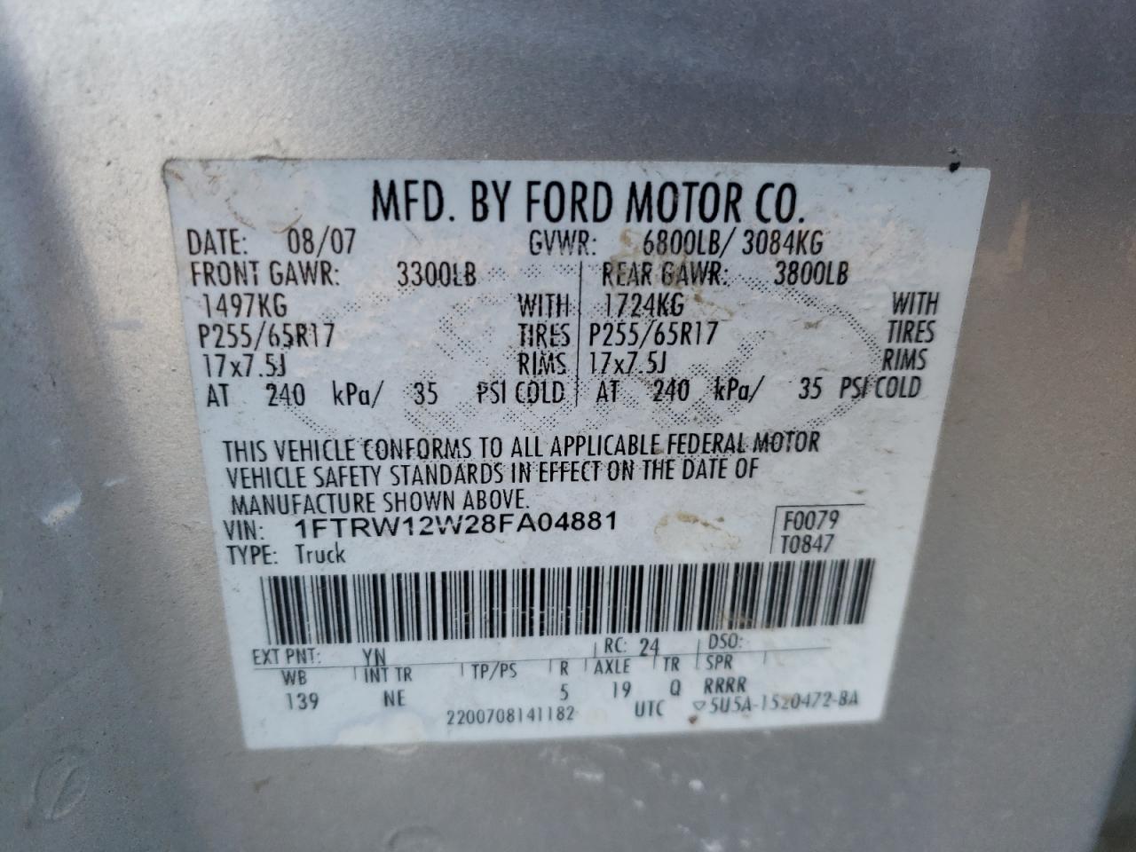 Photo 10 from auction – 2008 FORD F150 SUPER with VIN 1FTRW12W28FA04881