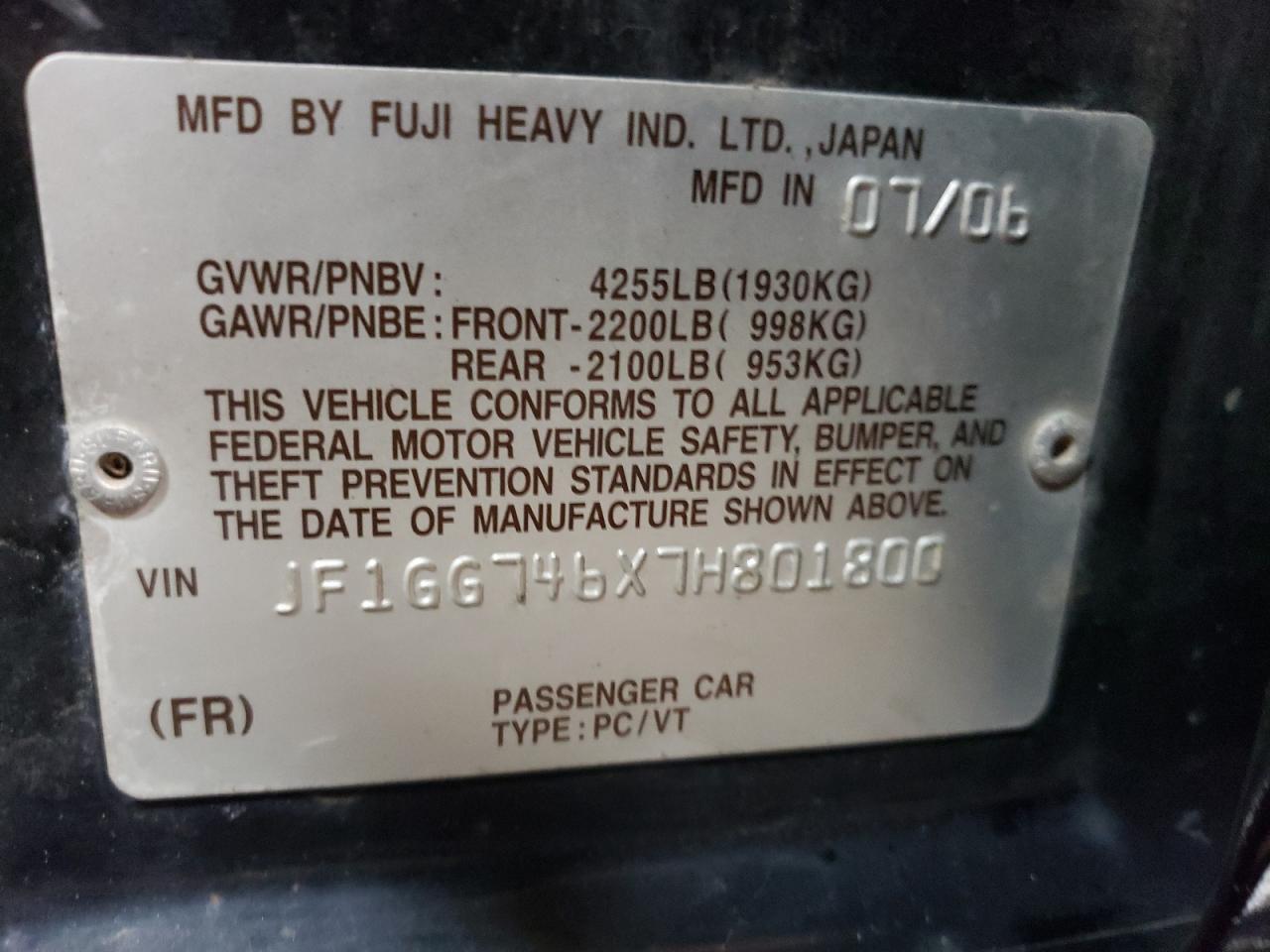 Photo 10 from auction – 2007 SUBARU IMPREZA WR with VIN JF1GG746X7H801800